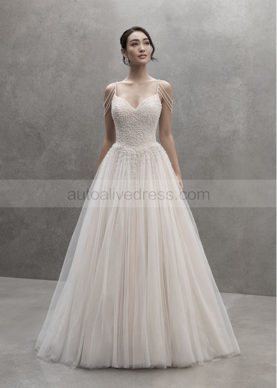 Luxury Ivory Sparkle Tulle Pearls Wedding Dress With Champagne Lining